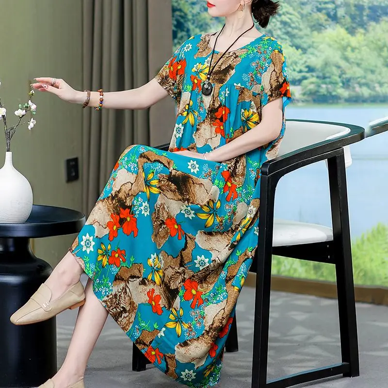 Vintage Print O-hals Korte Mouw Losse Plooien Bloemenjurk Dameskleding 2024 Zomer Nieuwe Oversized Office Lady Midi Jurk