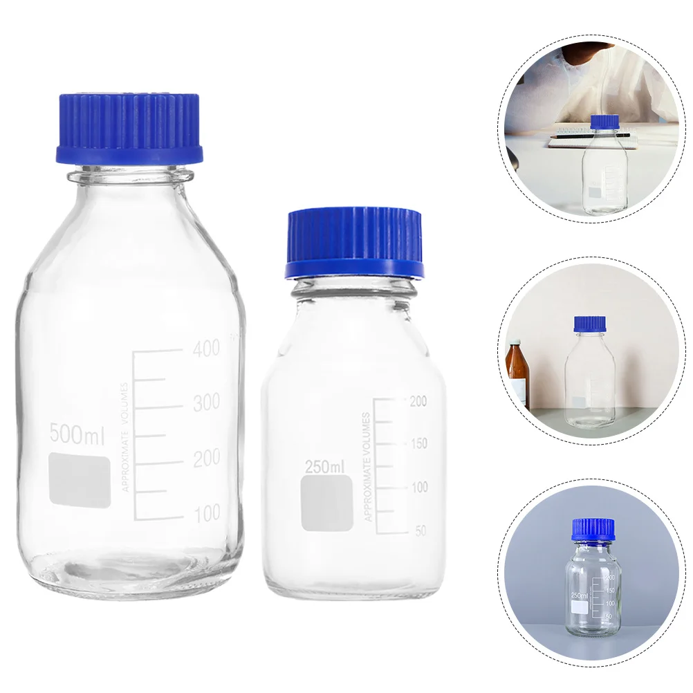 

2Pcs Transparent Graduated Reagent Bottles Glass Wide Mouth with Tight Caps for Lab Use Precision Measurement for Liquid Samples