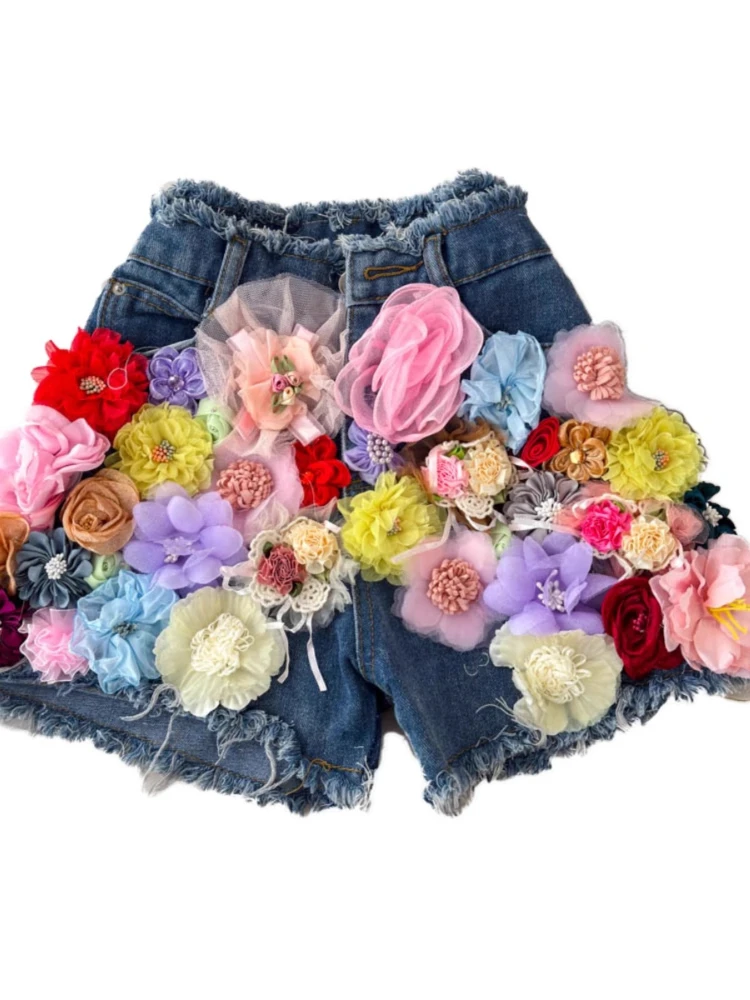 컬러 꽃 데님 반바지 패션 Y2k 스트리트 청바지 2025 여름 새로운 높은 허리 슬리밍 섹시한 향신료 소녀 넓은 다리 핫 바지 여성