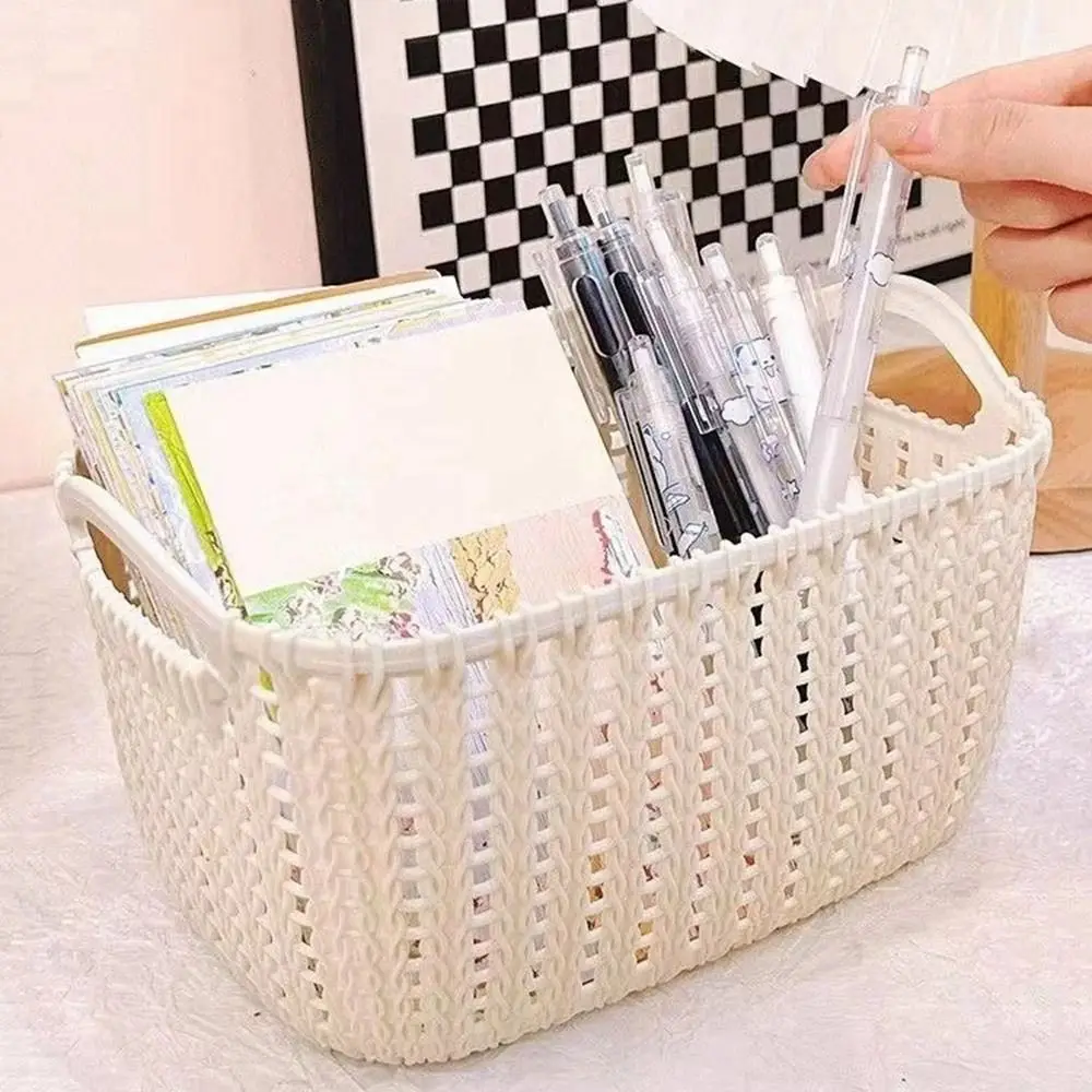 Plastic Imitation Rattan Storage Basket Lightweight Handheld Cosmetics Storage Box Space-Saving Uncovered with Handles