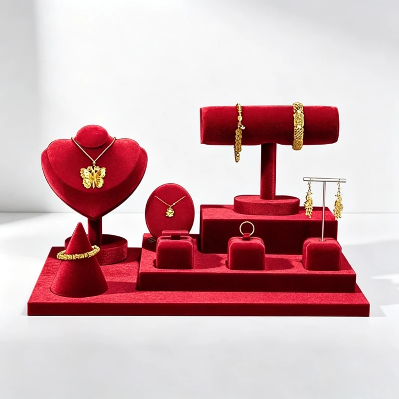Premium Red Jewelry Display Stand Luxury Gold Jewellery Shop Counter Window Exhibition Props For Necklace Bracelet Ring Earrings