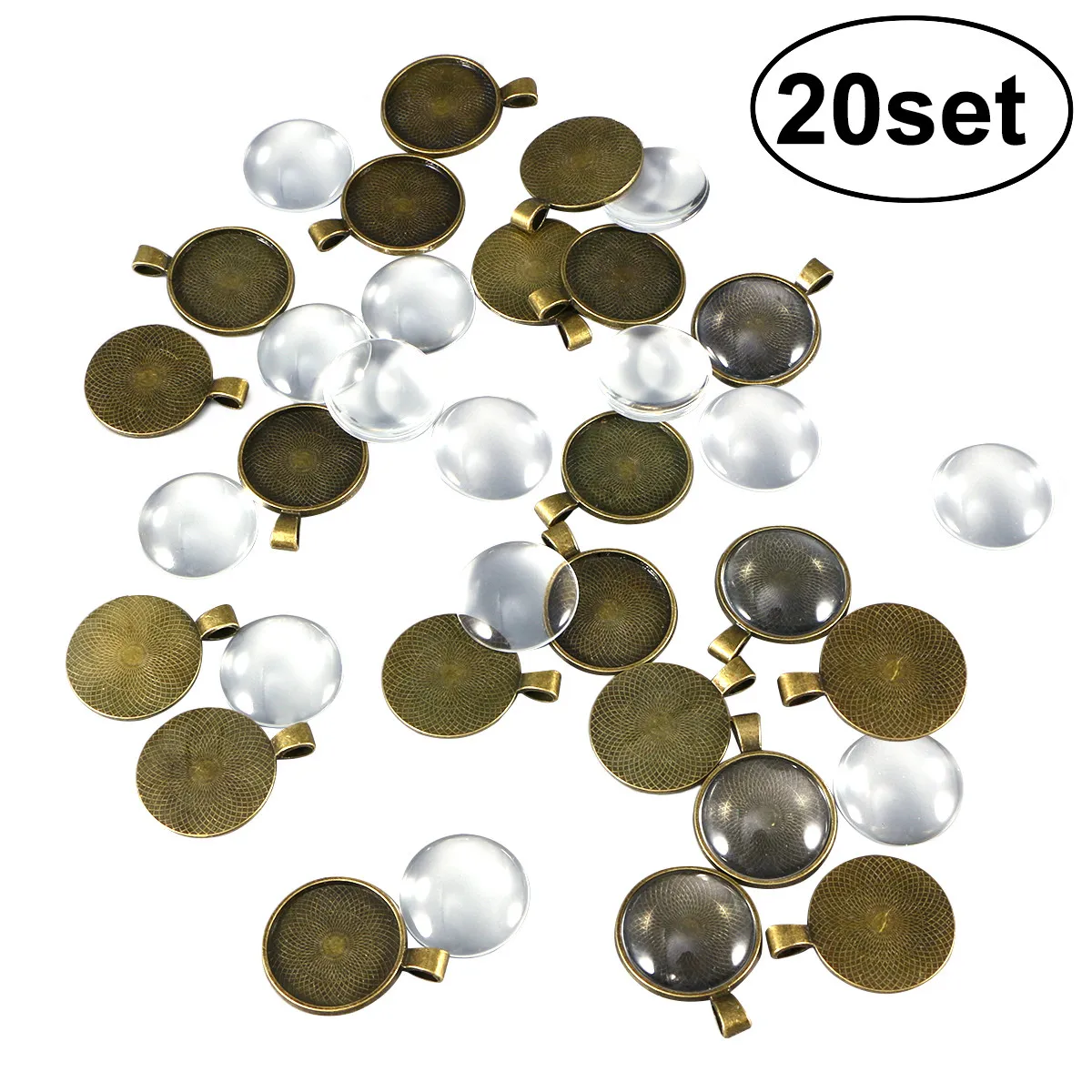 

20Set Alloy Round Pendant Blanks 25Mm Bezel Settings with Glass Dome Tiles for Craft Jewelry Resin Cameo Photo Making