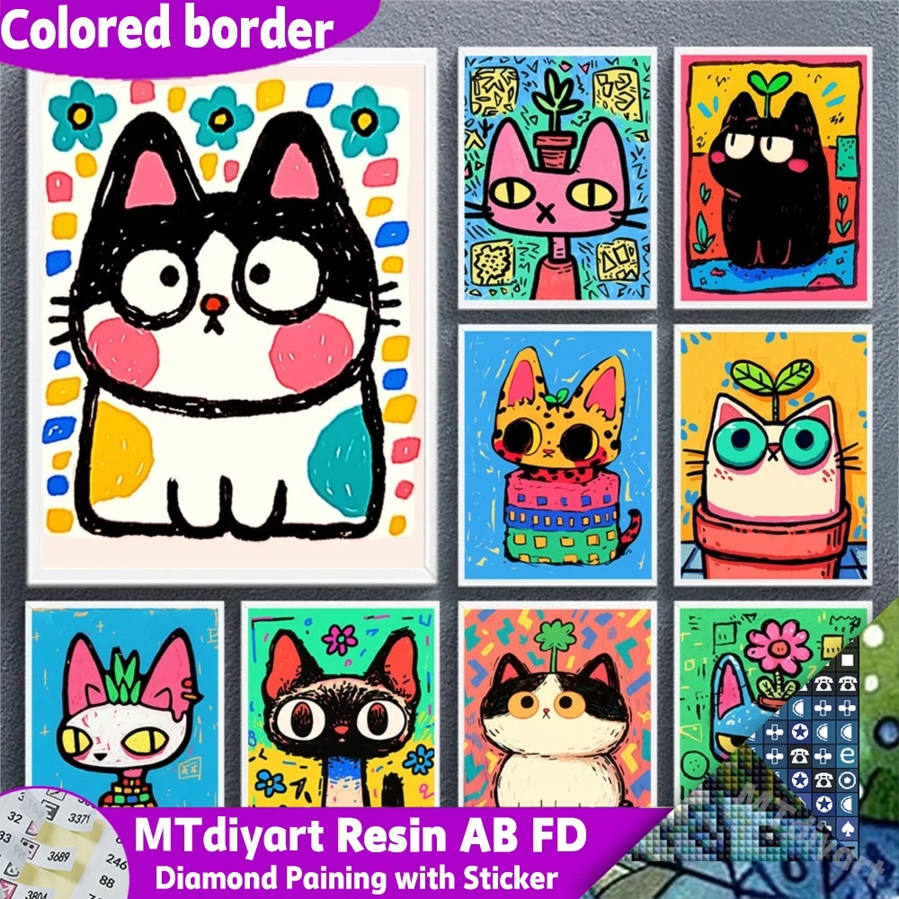 5D Cartoon Niedliche Katze AB FD Harz-Diamantmalerei Symbol-Aufkleber Bedruckte Leinwand mit Rand Tier-Mosaik Blumen-Sets Strass-Geschenk