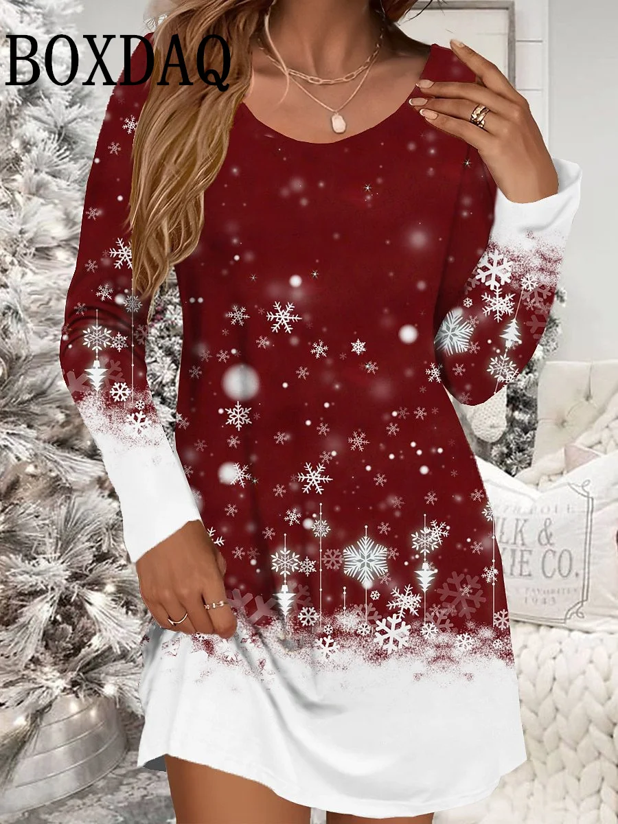 Autumn Winter Women Dresses Christmas Snowflake Print Dress Casual Party Clothing Long Sleeve Women\'s Loose A-Line Mini Dresses