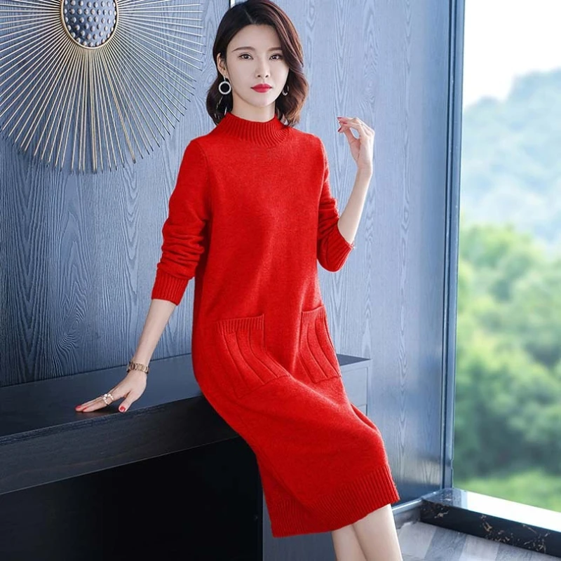 Outono inverno feminino camisola de malha vestido sólido meia gola alta manga comprida pulôver de malha solto feminino vestido de camisola de fundo