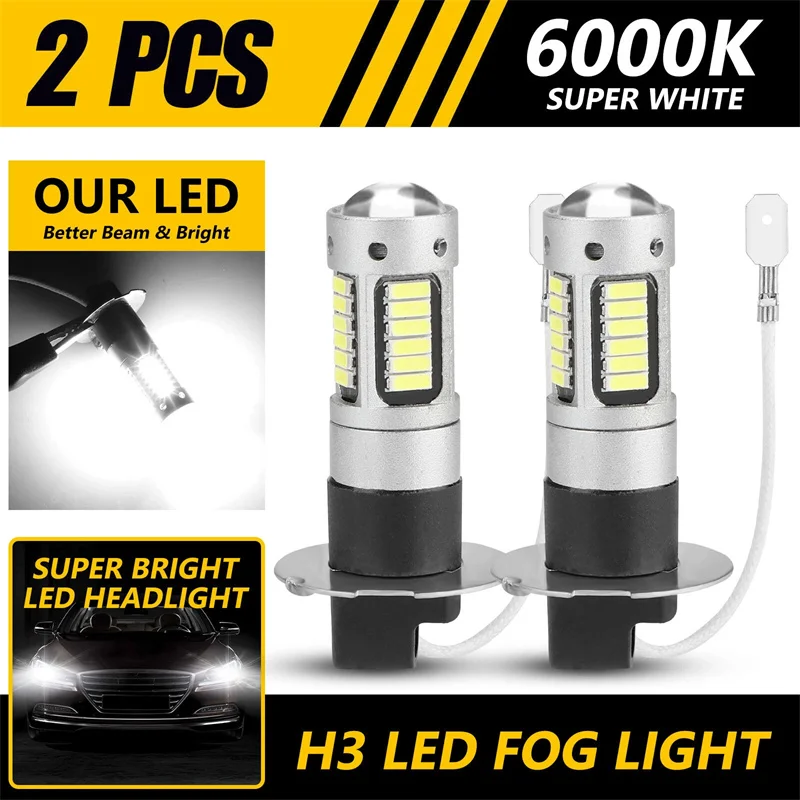 2Pcs Car H3 LED Fog Lights High Power Daytime Running Light Bulbs Super Bright 6000K White Lamps for Vehicle Safety