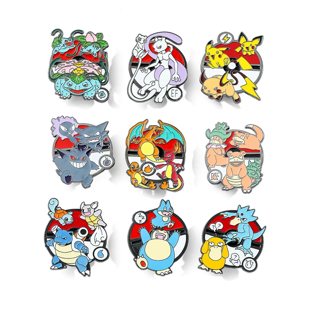 Pokemon Enamel Brooches Anime Pokémon Pikachu Charmander Gengar Eevee Mewtwo Cute Action Figure Model Metal Badges Lapel Pins