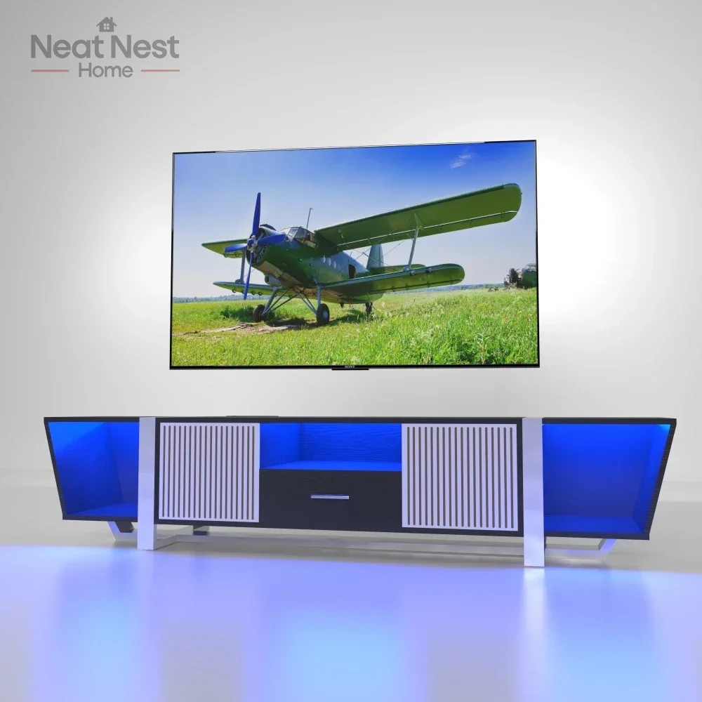 

TV Console with Large Storage Cabinets, Biplane Shape Design LED TV Stand , Modern Entertainment Center with Power Cord, Black