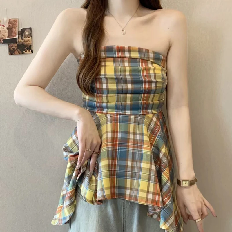 Verão coreano retro xadrez irregular sem alças sem mangas camisola fina para mulher