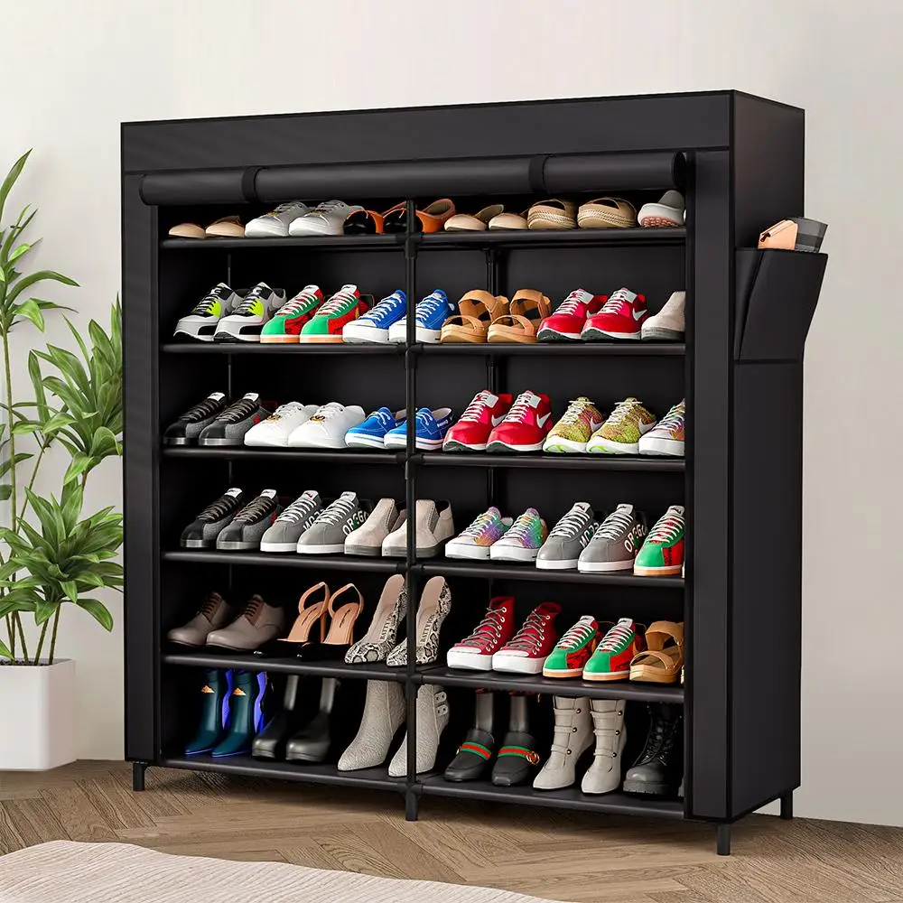 Portable 7-Tier Shoe Rack Double Row Shoe Storage Organizer for 42 Pairs Non-Woven Fabric Shoe Cabinet with Dustproof Cover Space Saving Metal Frame Shelf for Entryway Closet Dormitory Garage