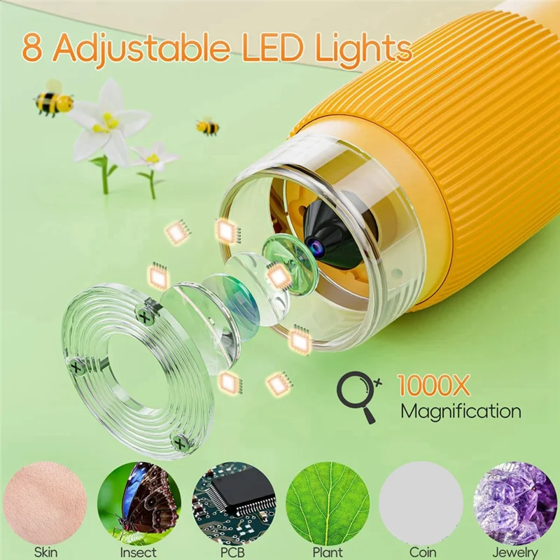 Microscópio T98C-Kids, microscópio digital portátil 1000X HD Mini câmera de microscópio USB portátil compatível com PC