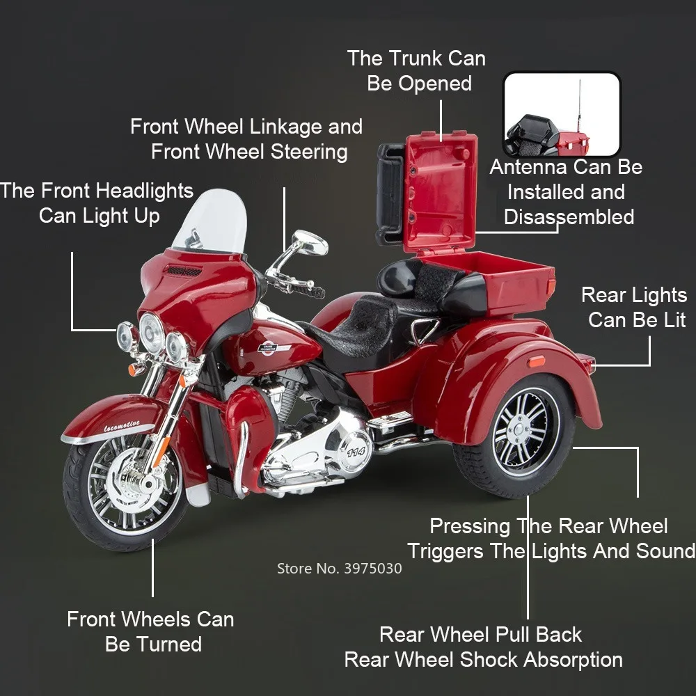1/9 Three Wheeled Alloy Motorcycle Car Model Toy Sound Light Shock Absorption Front Wheel Steering Vehicles for Boys Collection