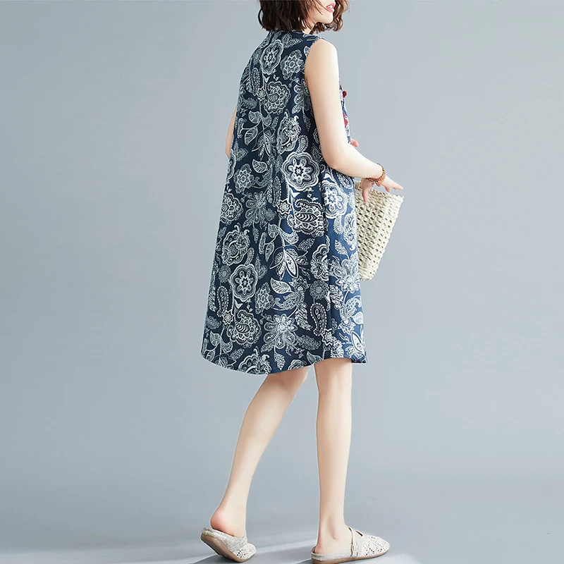 

Ретро принт на пуговицах с воротником-стойкой из хлопка и льна Dr Midi, свободный тонкий жилет трапециевидной формы, юбка для поездок на работу, с цветочным узором