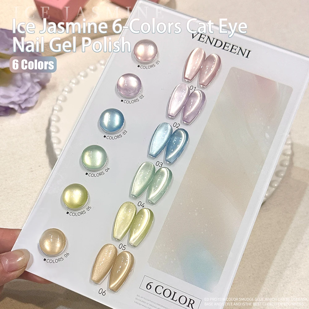 Vendeeni 6-Farben-Kristall-Katzenaugen-Gel-Nagellack-Set, semi-permanent, funkelnd, magnetisch, UV-LED, Soak Off Gel-Lack mit Display