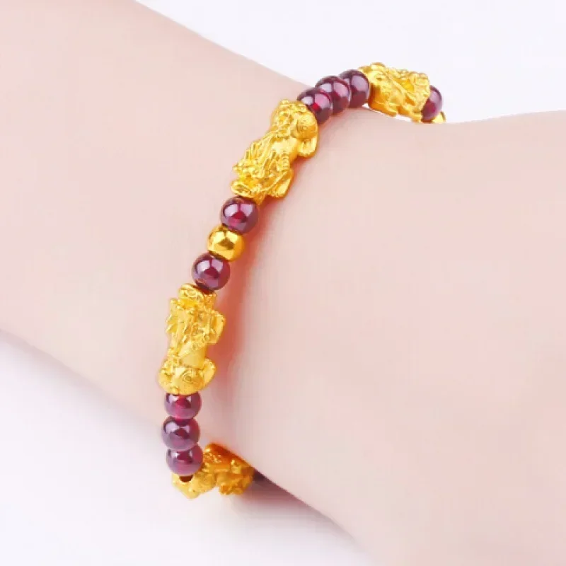 24K gold Pixiu bracelet for men and women 999 transfer beads au750 hand decoration red agate jade gift for friends jewelry