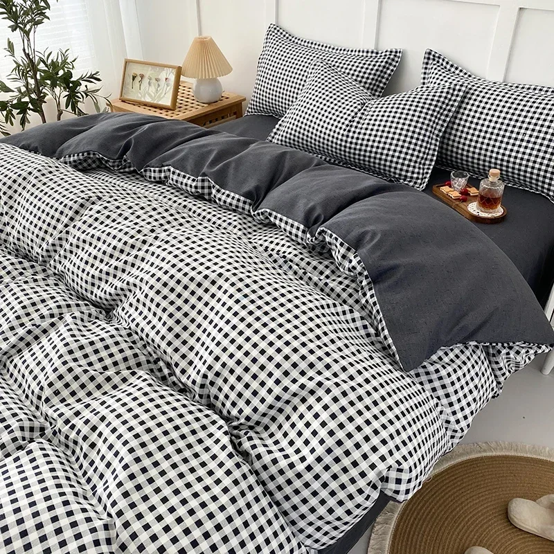 Black White Small Checks Printed Bed Set Floral Duvet Cover Pillowcase Bedding Set Bed Sheet Quilt Cover Single Queen King Size