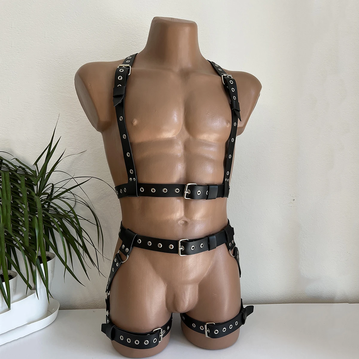 Mens Leather Lingerie Harness Men Bondages Full Body Jockstraps for Men Pants and Leather Top Chest Men\'s Harness Gay Harness