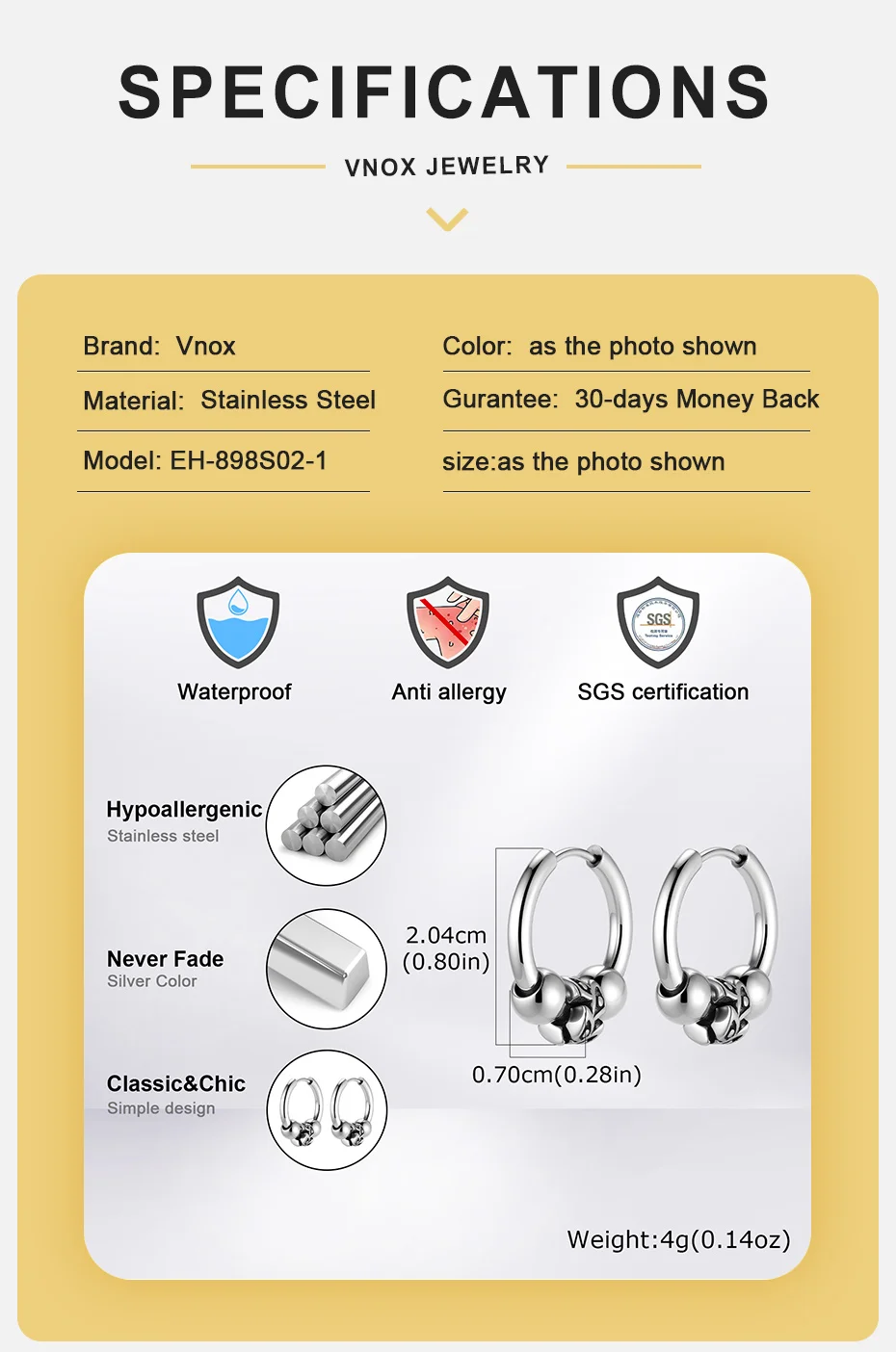 Vnox Herren Edelstahl Huggie Hoop Ohrringe Retro Dämonenauge Perle Punk Hip-Hop Ohrschmuck Geschenk für Männer Tägliches Tragen – Detail 4