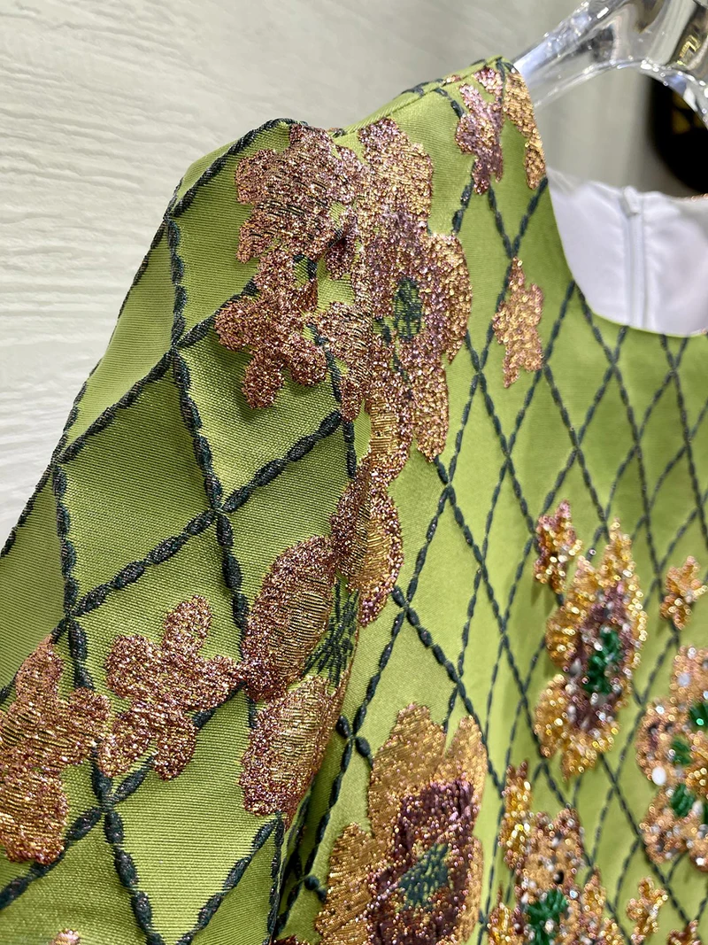 MIUXIMAO 2025 mode Royal luxe Jacquard robes d'été 3D fleurs diamants robe a-ligne courte robe verte femmes Vestides