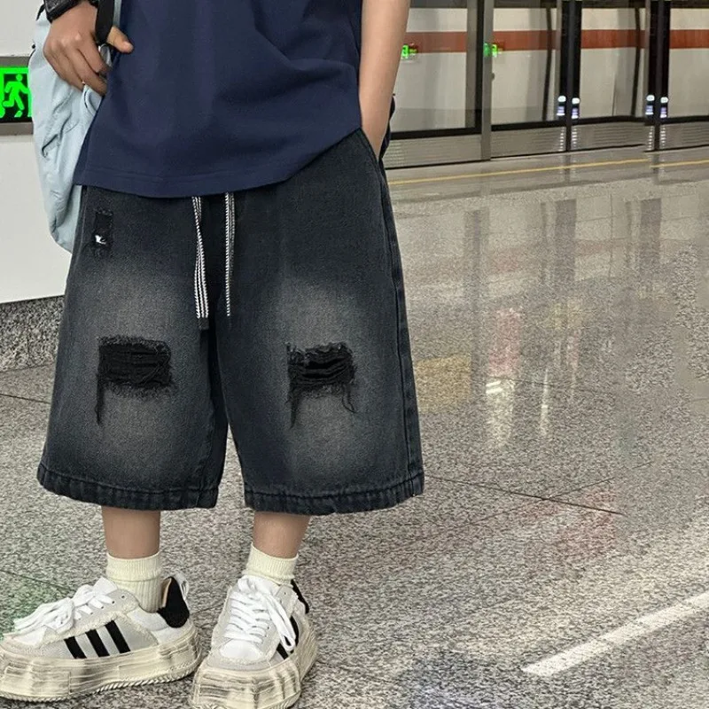 2026 Summer Boys' Distressed Cargo Shorts Lightweight Black Ripped Jeans for Big Tall Kids Thin Denim Casual Wear