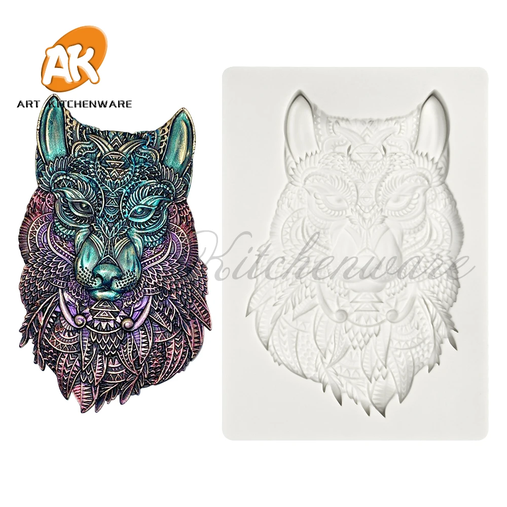 Wolf Head Pattern Relief Silicone Mold Fondant Chocolate Cake Mold DIY Resin Clay Embossed Making Mould Home Decorating Tools