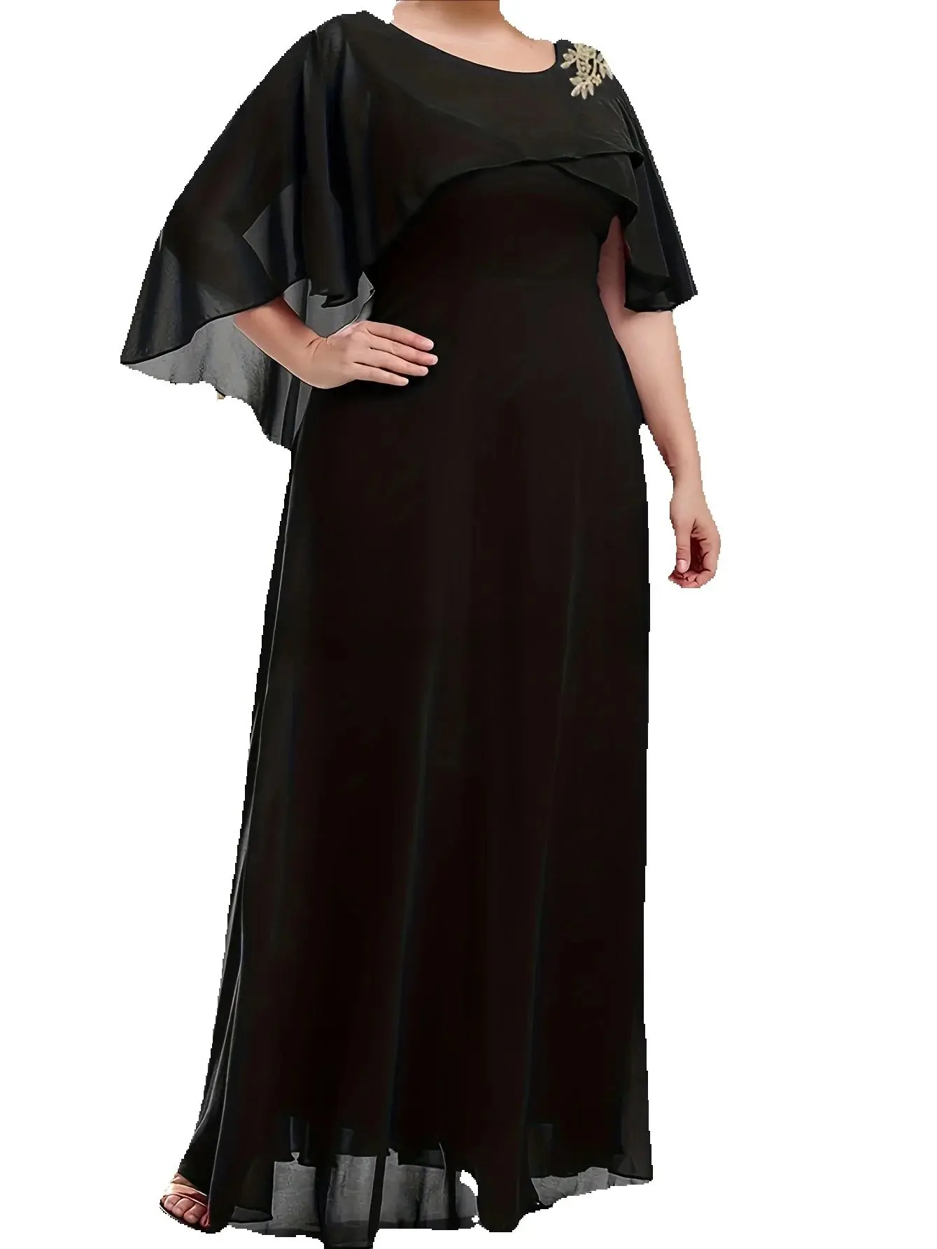 Elegant Round Neck Long Formal Evening Mother of Bride Plus Size Dress With Short Sleeves