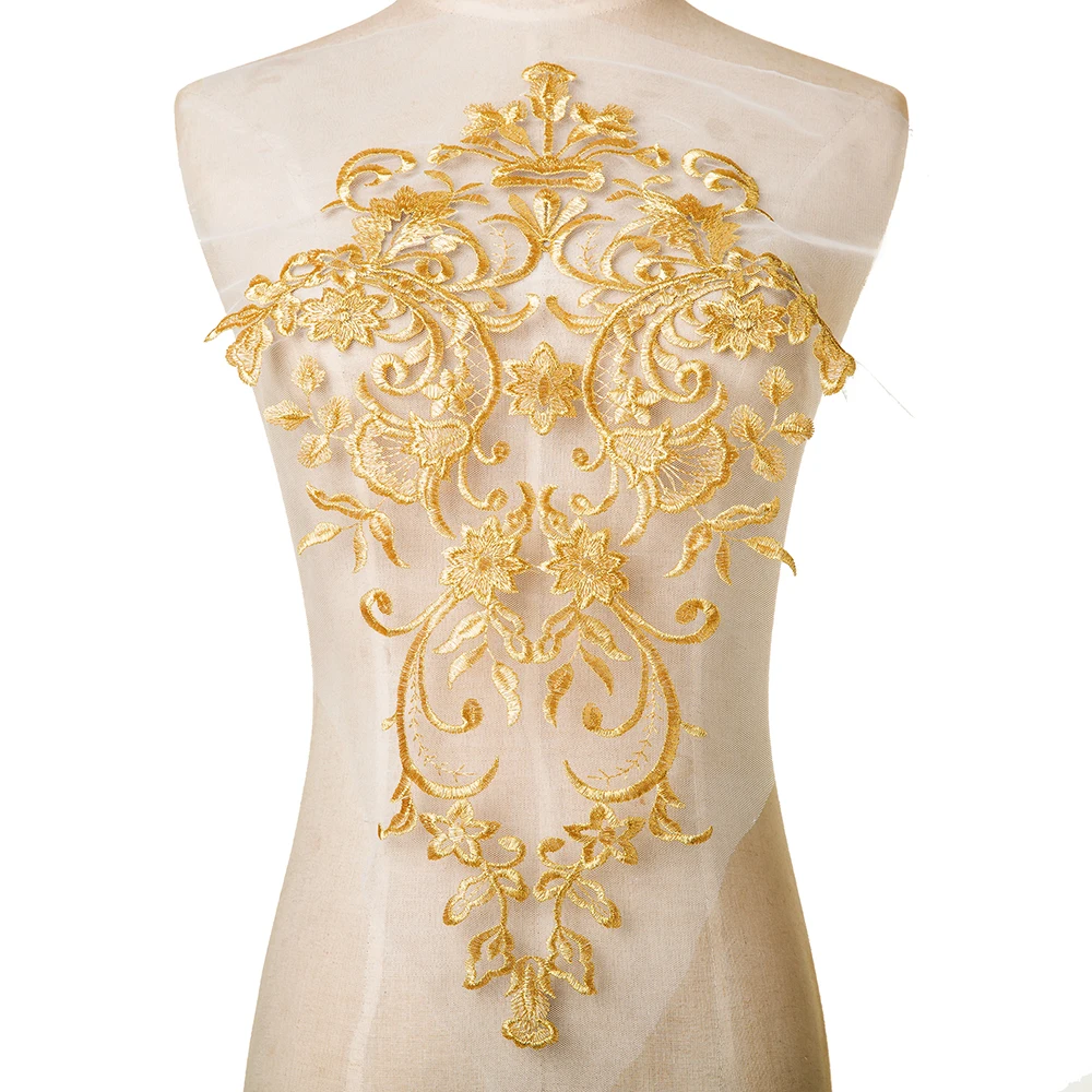 1Pc White Gold Patch Appliques Embroidery Lace Trim Fabric Cloth Sewing Patchwork DIY Craft 42*27cm