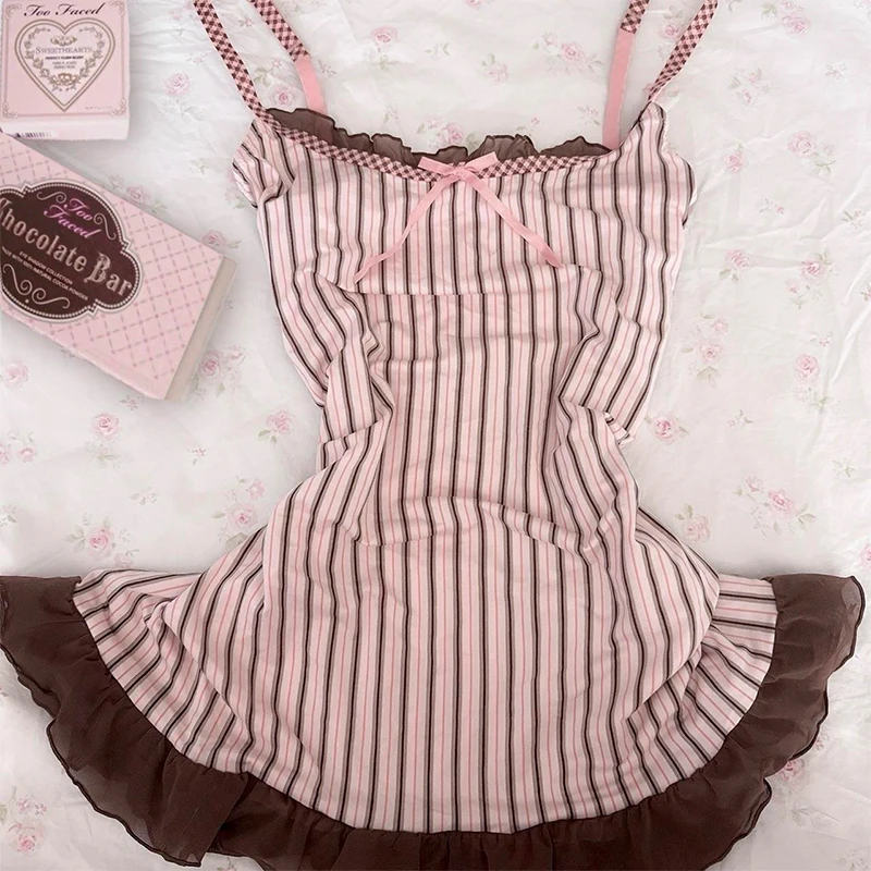 Camisola de estética Retro Y2K Harajuku para mujer, Top Sexy ajustado e informal con diseño de lazo a rayas, Top corto Kawaii, ropa de calle femenina dulce