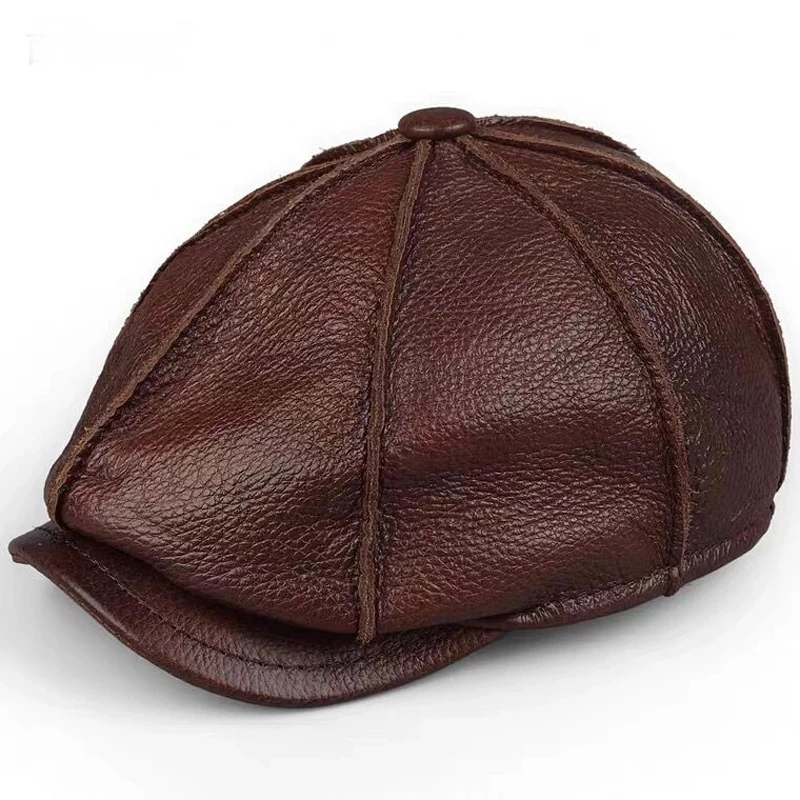 Retro Octagonal Genuine Leather Hat Autumn Men\'s Cowhide Leather Beret Elegant Fashion Student Tongue Cap Snapback Caps For Men