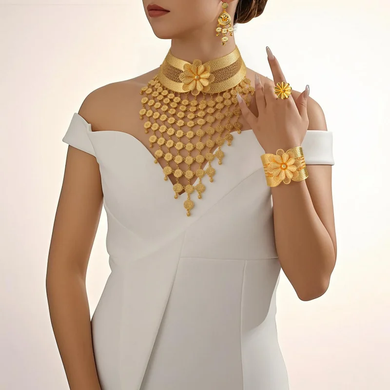

4pcsDubai Exaggerated Jewelry Bridal Wedding Supplies Necklace Earrings Bracelet Ring Gold-Plated Jewelry Set