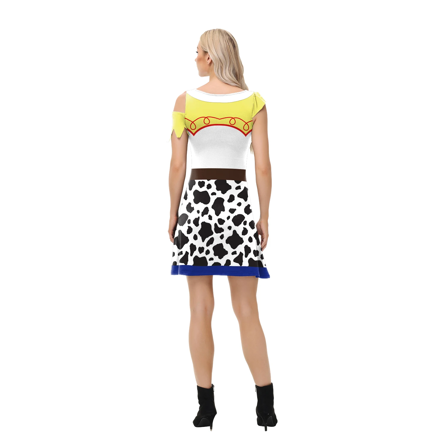 Women Cowgirl Cosplay Costume Cold-Shoulder Ripped Short Sleeve Cow Print Fancy Dress for Halloween Carnival Western Theme Party