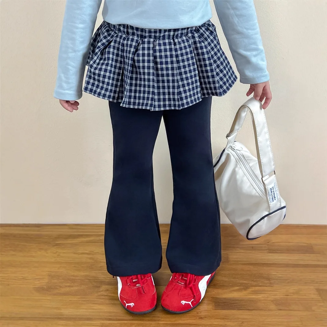 Korean Girls' Spring and Autumn Elastic Deep Hidden Green Plaid Fart Curtain Slim Micro Flared Pants Fashionable and Versatile