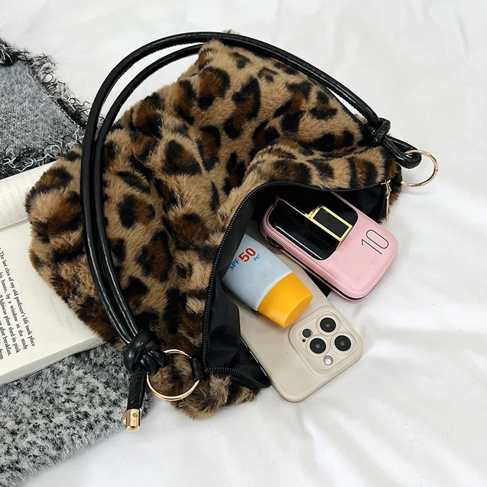 Women\'s Faux Fur Leopard Print Designer Handbag Soft Plush Bags Handbags and Purse Tote Bag Ladies Female Shoulder Bag Clutch