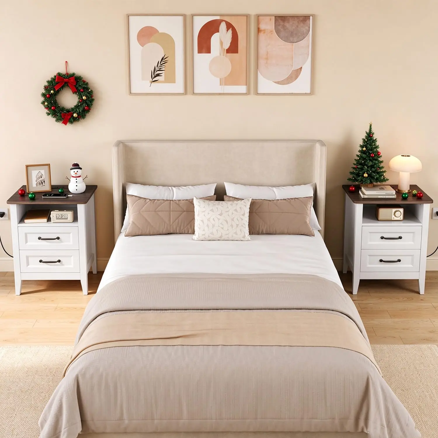 Nightstand Set of 2, White Bedside Tables with Charging Station, 2 Drawers and Open Shelf, Rustic Wood End Tables for Bedroom