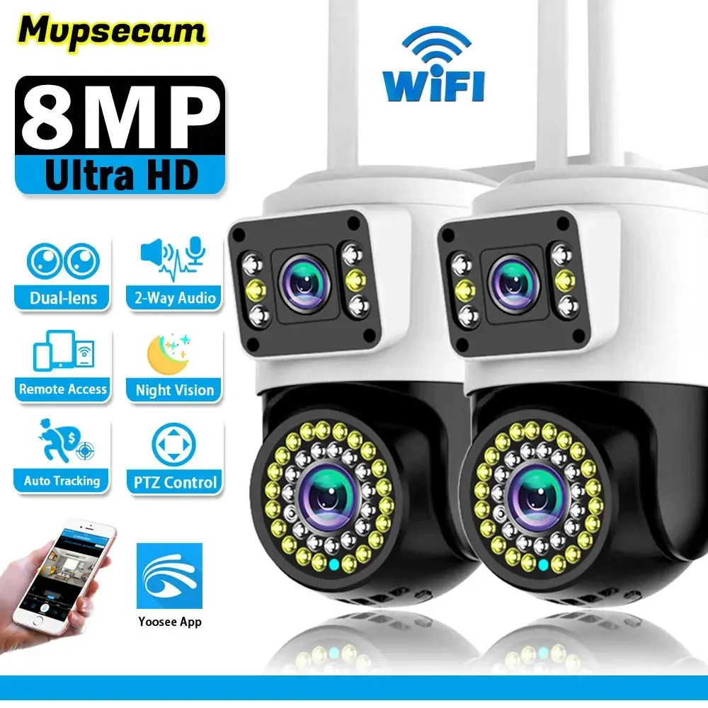 Cámara WiFi 4K de 8MP para exteriores, protección de seguridad de doble lente, cámara de videovigilancia CCTV, seguimiento automático AI, cámara IP inalámbrica PTZ