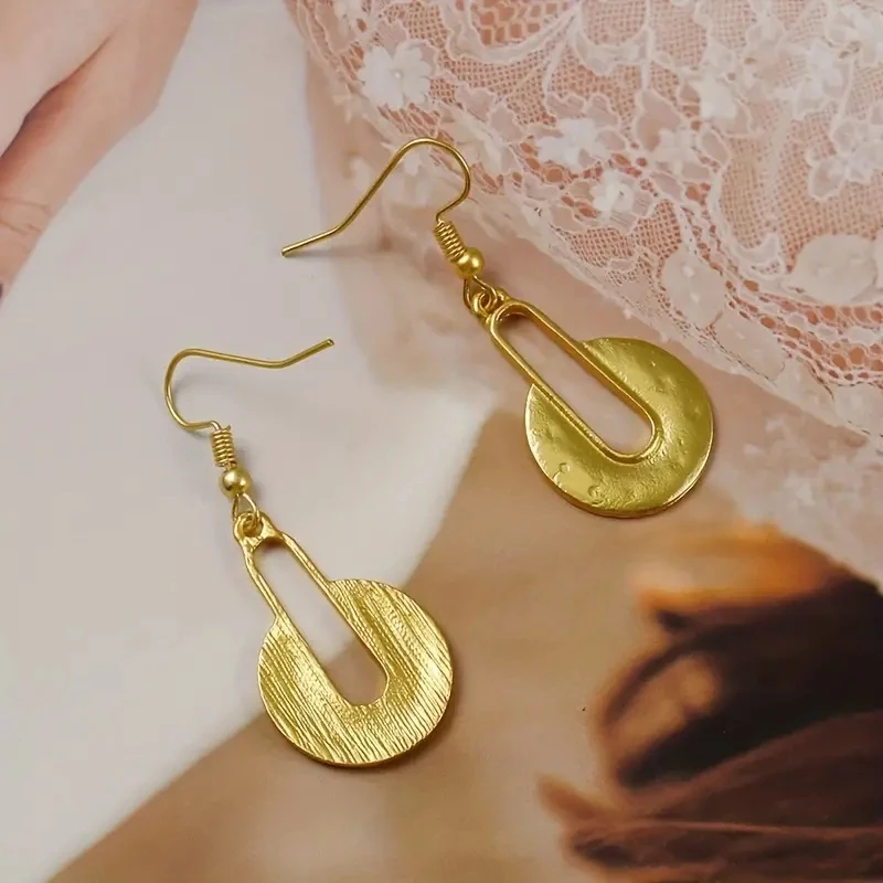 Classical Round Grave Hollow Gold Color Earrings for Women Metal Inlaid Dangle Earrings Jewelry Trendy Female Gift