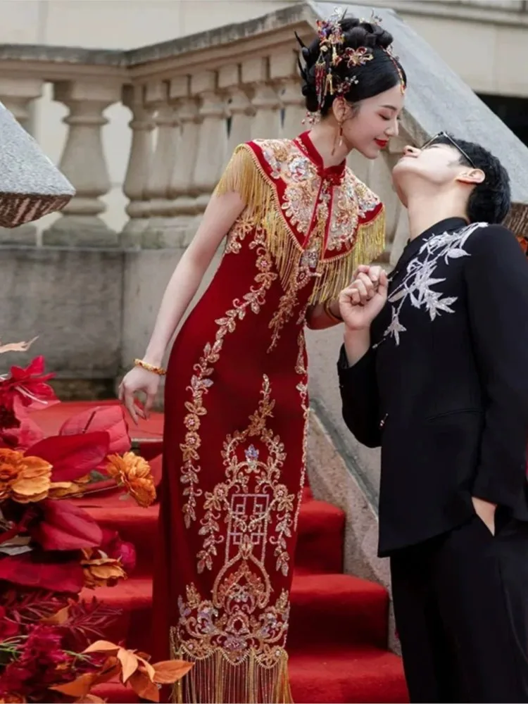 

Ношение платья-шали Cheongsam для тостов в китайском стиле, свадебная роскошная юбка в полный рост и формальная