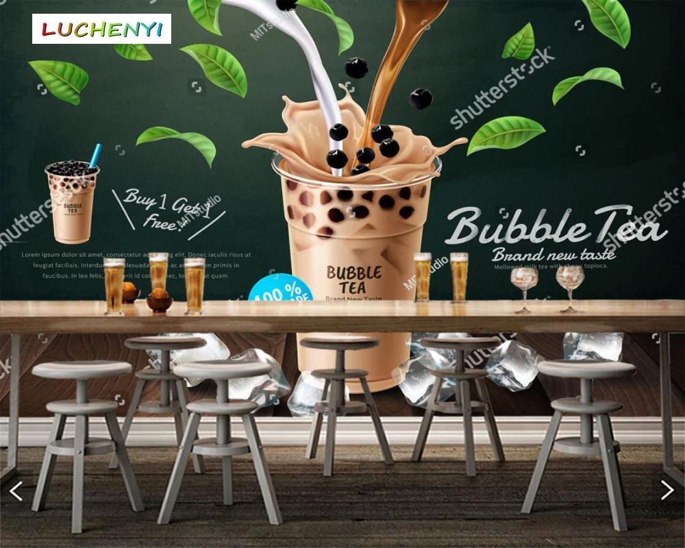 Papel de parede custom cool pearl milk tea 3d wallpaper mural, restaurant coffee juice shop dining room wall papers sticker