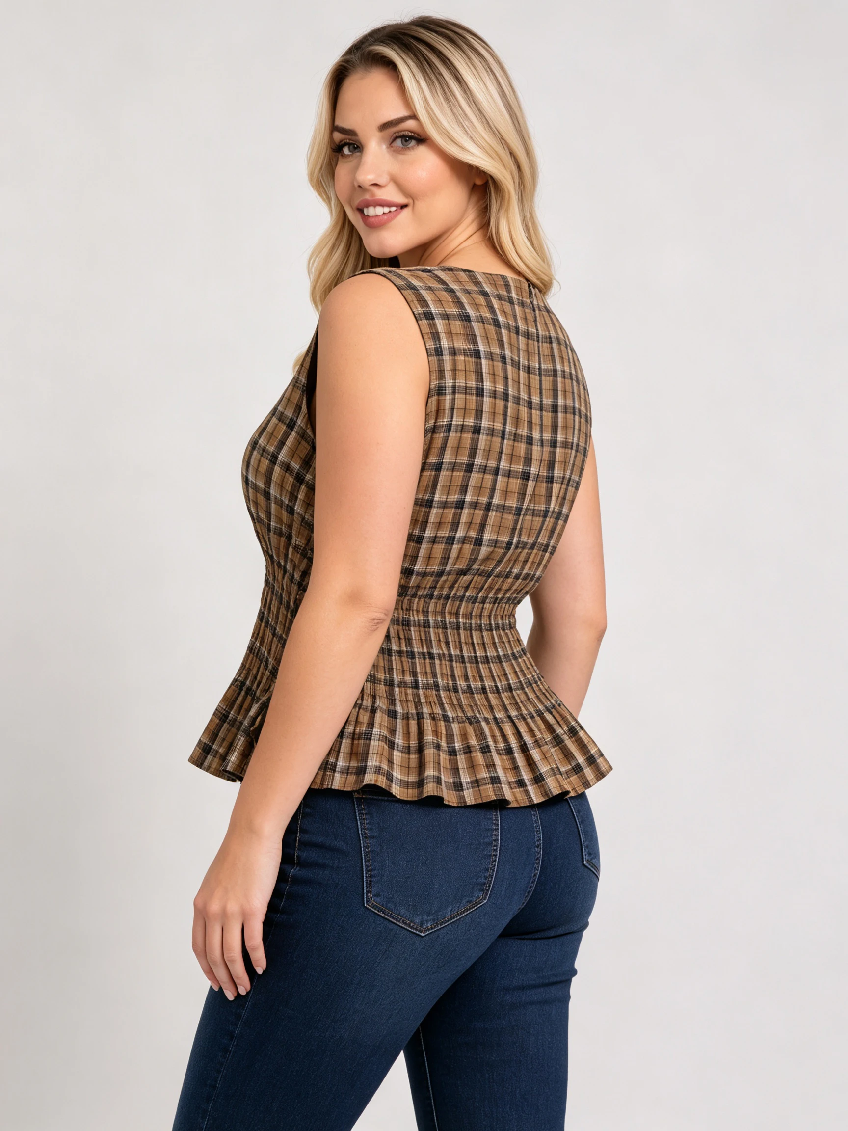 D&M Plus Size Women's Brown Plaid Peplum Top Sleeveless Boat Neck Side Drawstring Casual Blouse