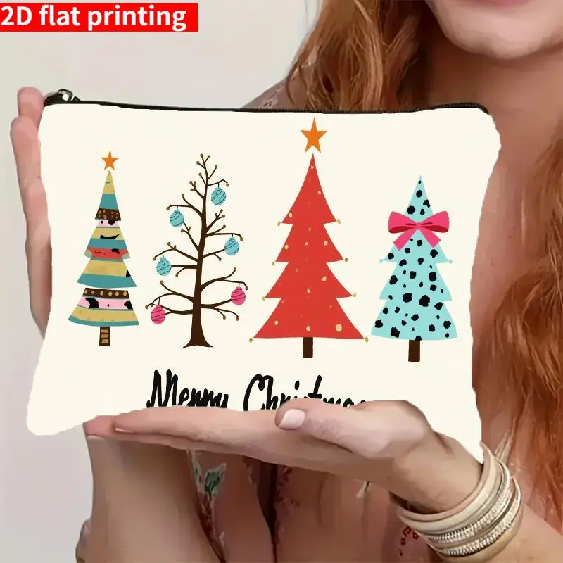 Festive cartoon Christmas tree print cosmetic bag，With zipper closure，Lightweight、Portable、Foldable cosmetic storage bag，Cute Me