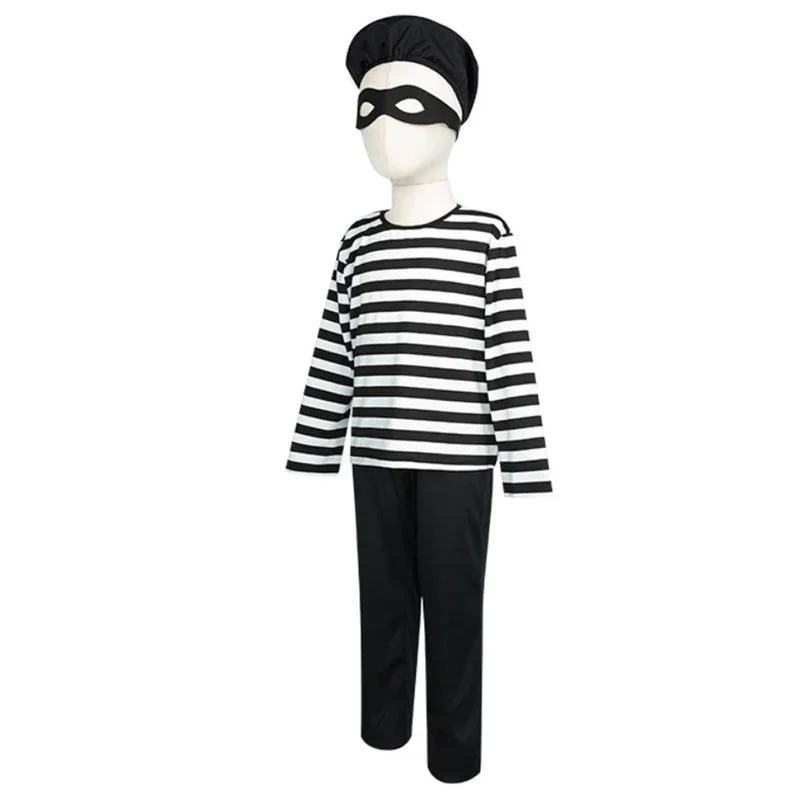 Dieb Cosplay Kostüm volle Sätze Einbrecher Verkleidung schwarz weiß Streifen für Kinder Outfit Halloween Karneval Party Kleidung Rollenspiel