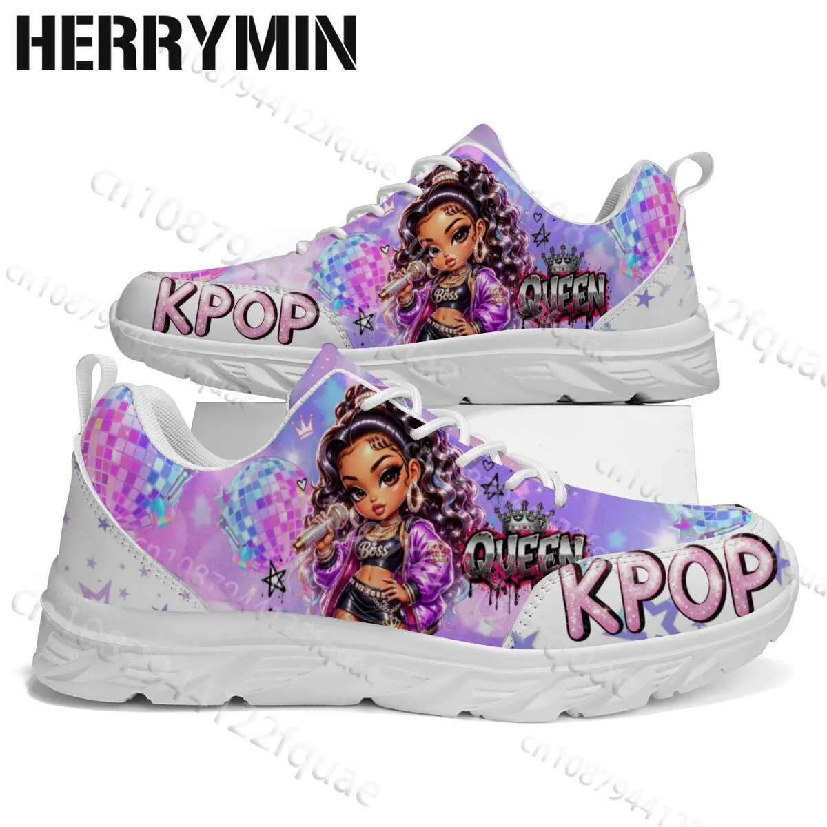 Pop Music Style Cartoon Girl Print Children Disco Ball Crown Star Glitter Pattern Girls Sole Non Slip Walk Shoes Suitable Gift