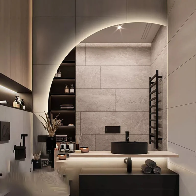 مرآة جمالية خفيفة تصميم غير منتظم جدار لاصق الغرور مرآة حمام ذكية تصميم حمام كبير Espelho الديكور HX50DM