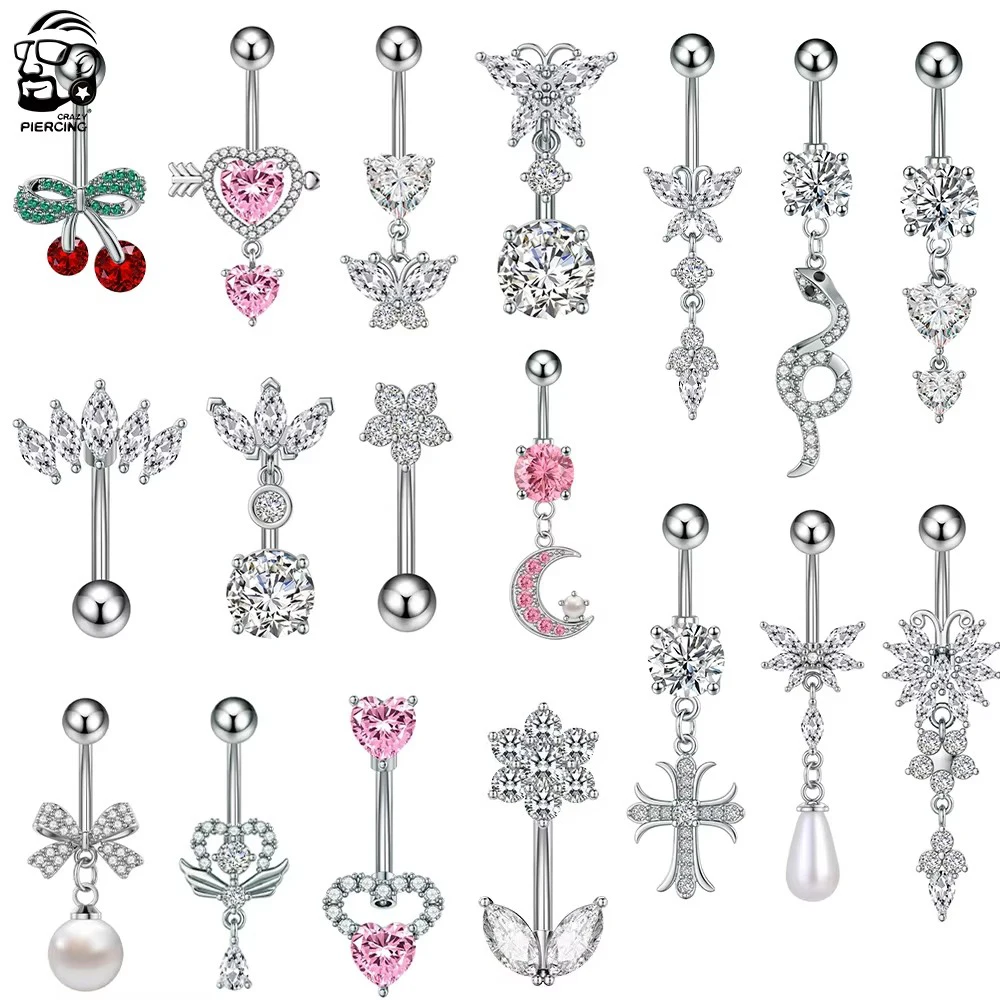 Mixed-Style Butterfly Dangle Belly Button Rings for Women Fashion Heart Cross Crystals CZs Stainless Steel Navel Belly Piercing
