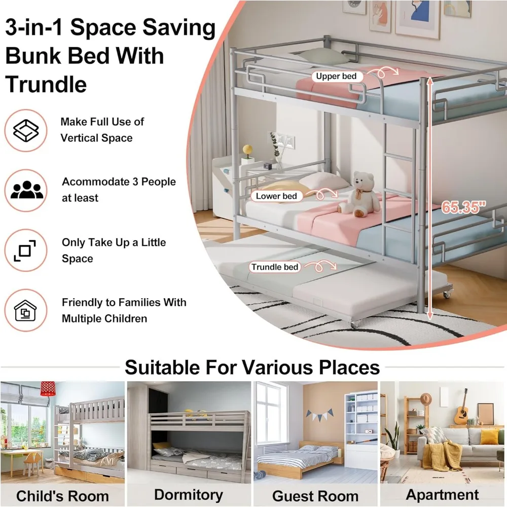 Twin Over Twin Bunk Bed with Trundle, Metal Bunk Beds with Ladders & Full-Length Guardrail, Can be Converted to 2 Beds