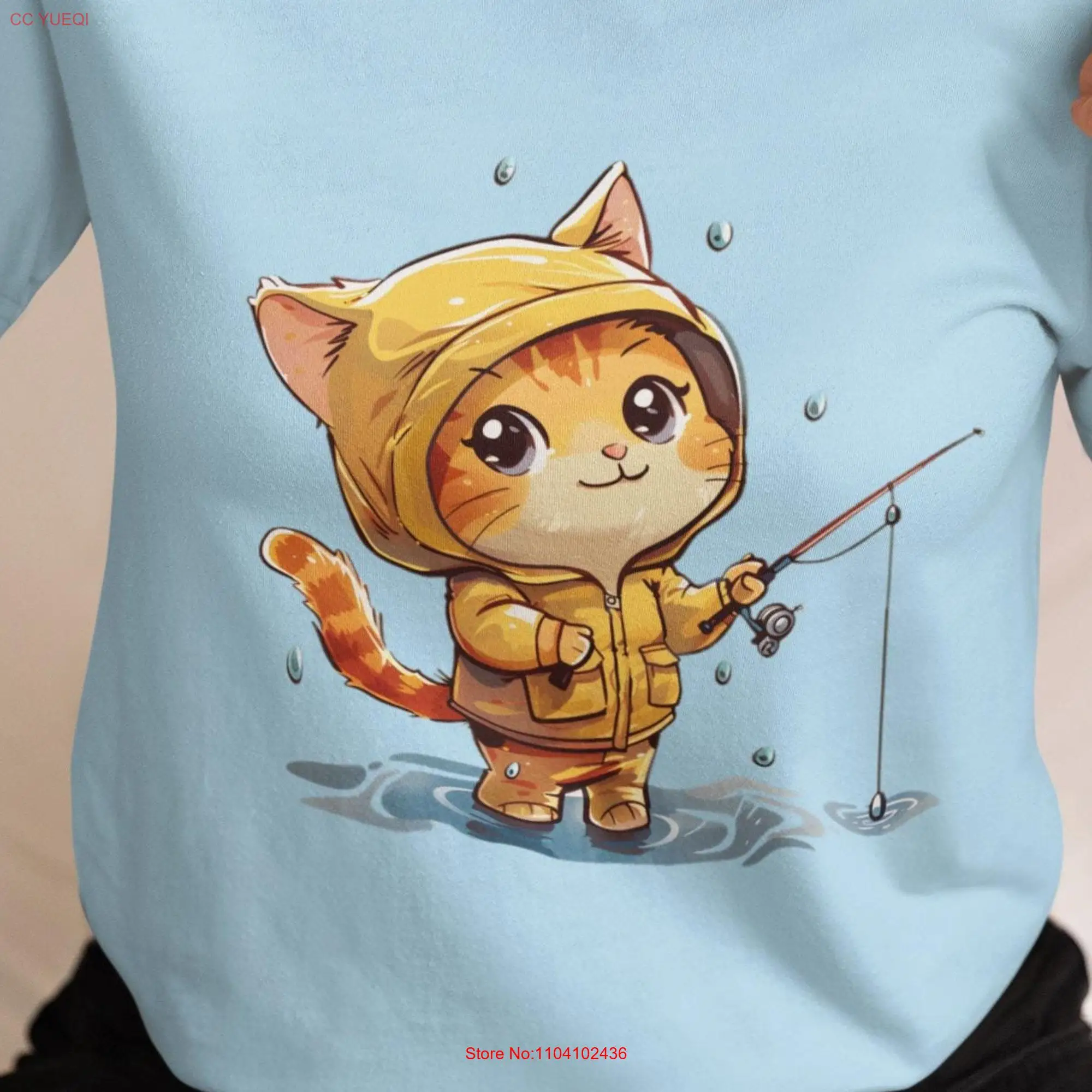 Adorable Cat Fishing T Shirt Rainy Day with in Raincoat Perfect for Lovers Charming Design long or short sleeves