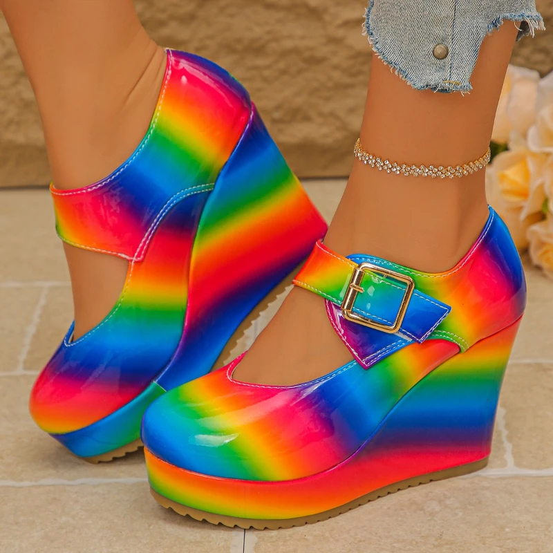 

Роскошные женские туфли Мэри Джейн на высоком каблуке 2026 Rainbow с пряжкой, универсальные повседневные туфли на платформе больших размеров