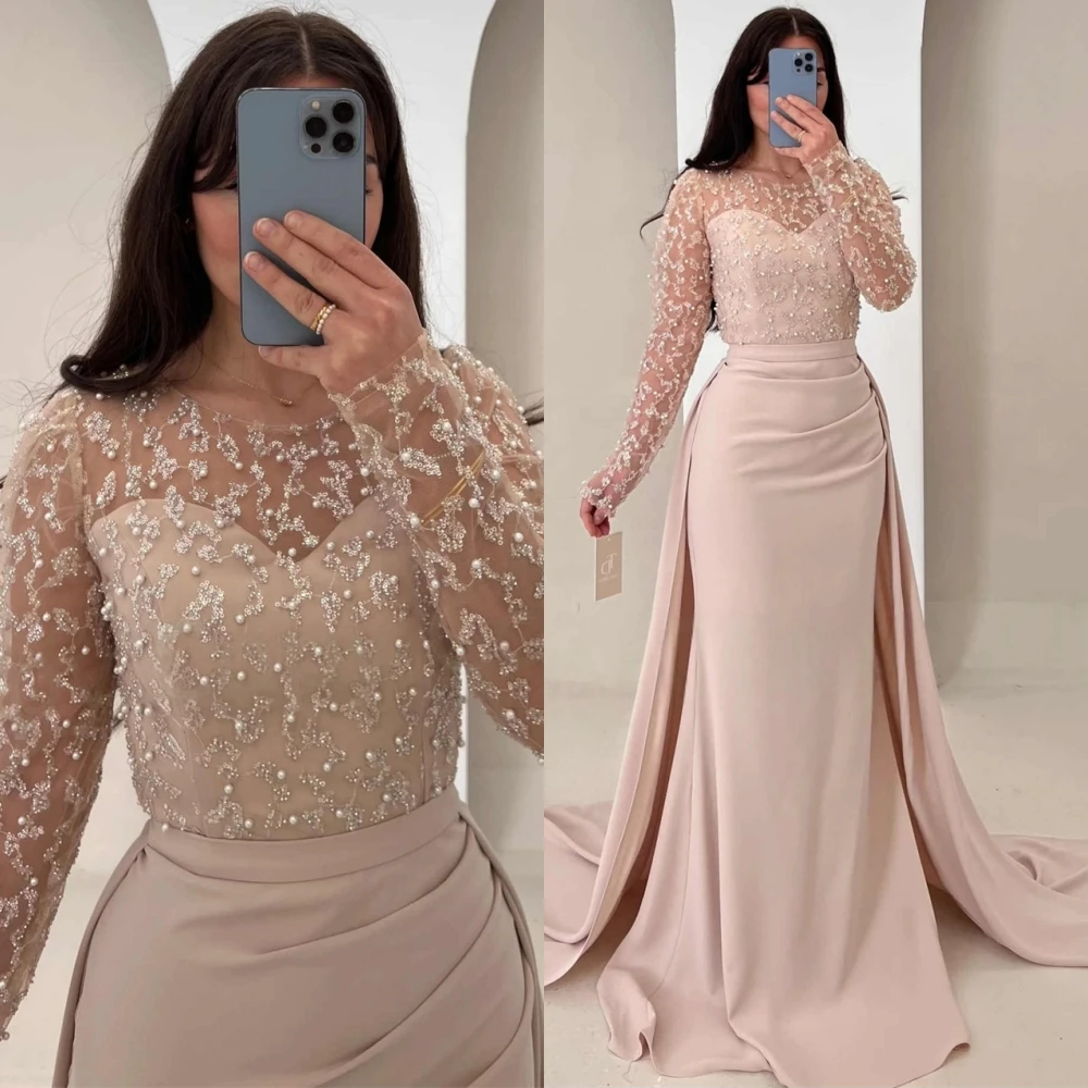 

Customized Exquisite Jersey O-Neck Evening Dress High Quality Beading Prom Dresses Luxury Long Sleeves Special Occasion Gowns