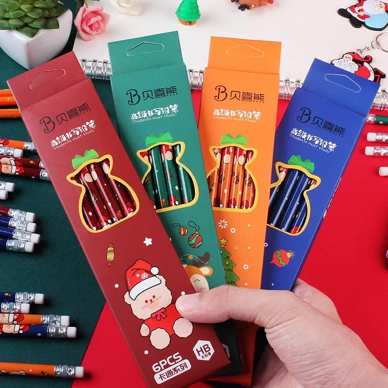 6pcs/box HB Pencils with Erasers Christmas Wooden Pencils for Kids Children Kawaii Stationery Back To School Office Supplies