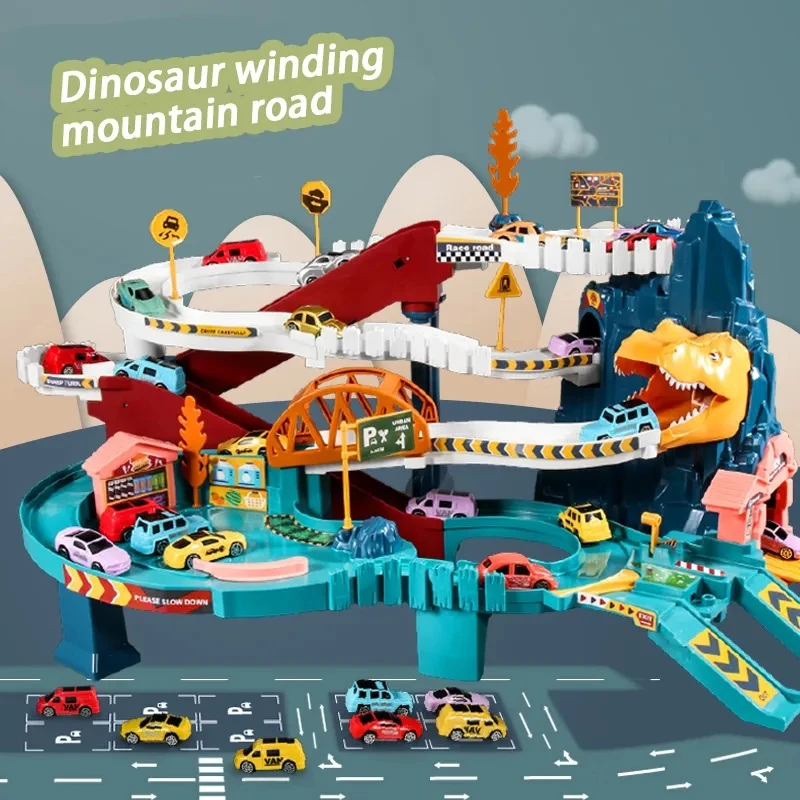 Dinosaurio eléctrico, pista de montaña, coche, juego de aventura, coche ferroviario de carreras, juguetes, pista, tren interactivo, juguetes educativos para niños